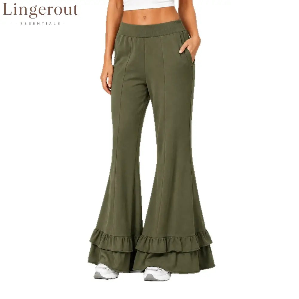 High Waist Front Seam Double Ruffle Hem Flare Knit Pants