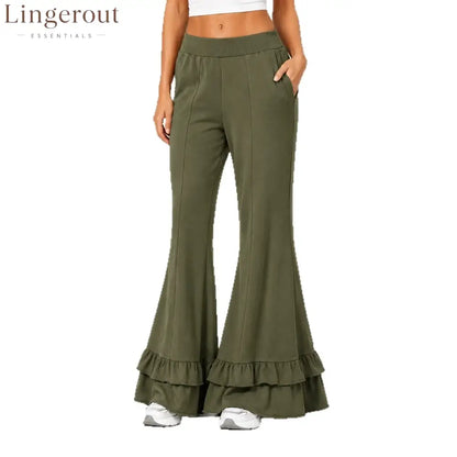 High Waist Front Seam Double Ruffle Hem Flare Knit Pants