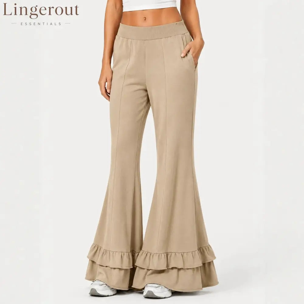 High Waist Front Seam Double Ruffle Hem Flare Knit Pants