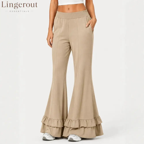 High Waist Front Seam Double Ruffle Hem Flare Knit Pants