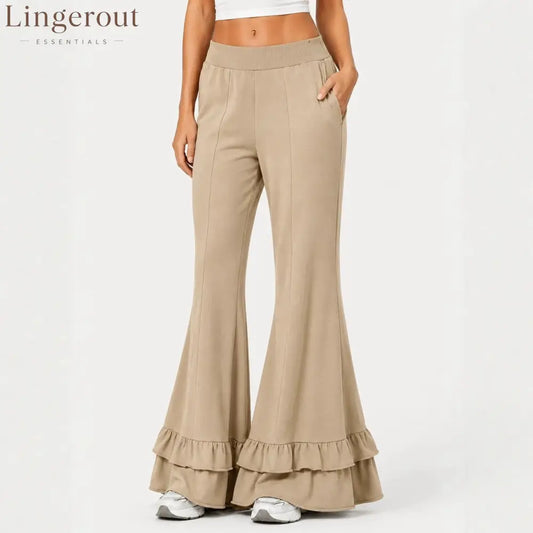 High Waist Front Seam Double Ruffle Hem Flare Knit Pants