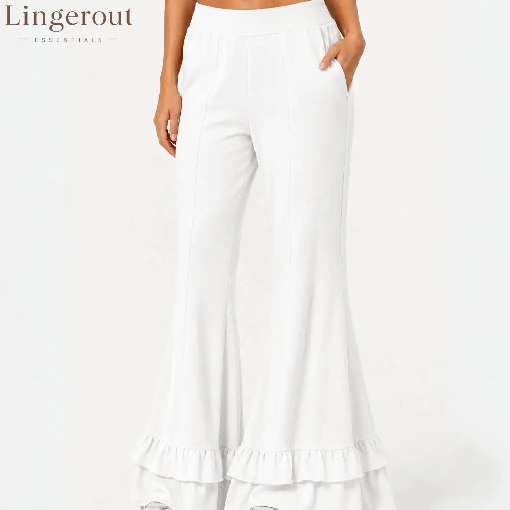 High Waist Front Seam Double Ruffle Hem Flare Knit Pants