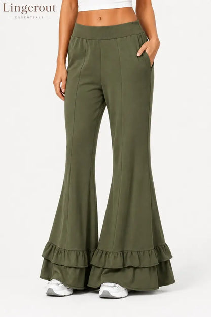 High Waist Front Seam Double Ruffle Hem Flare Knit Pants - Army green / S
