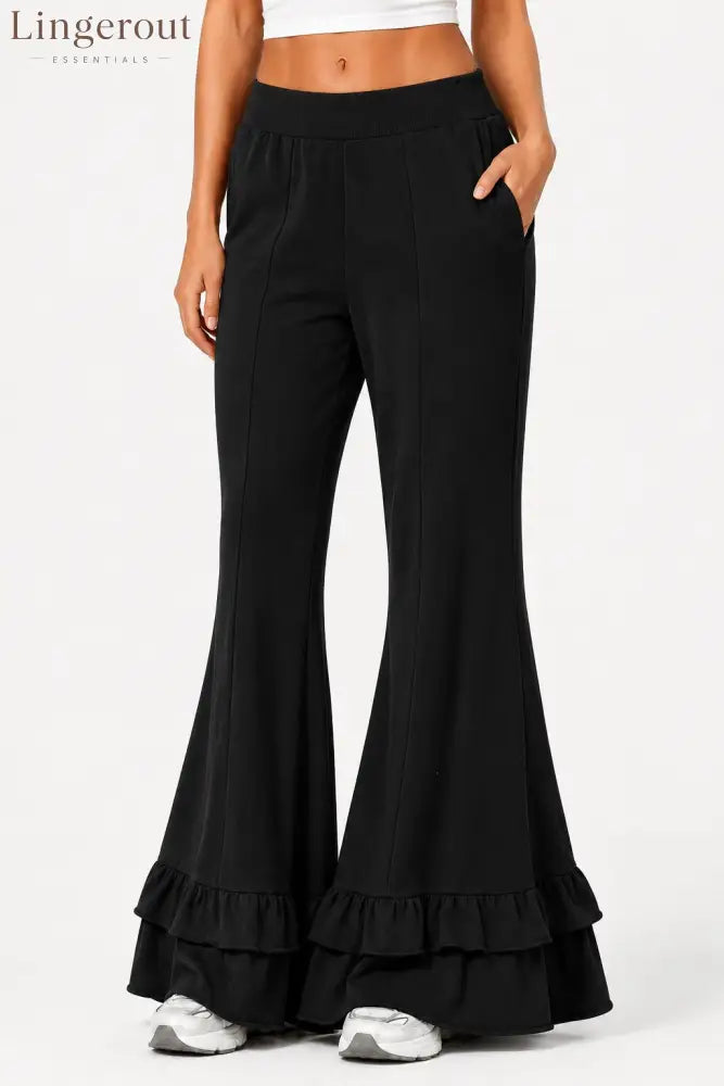 High Waist Front Seam Double Ruffle Hem Flare Knit Pants - Black / S