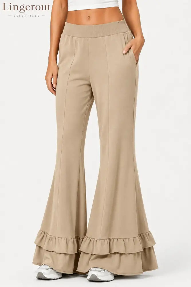 High Waist Front Seam Double Ruffle Hem Flare Knit Pants - Khaki / S