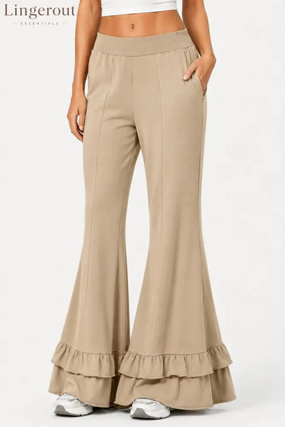 High Waist Front Seam Double Ruffle Hem Flare Knit Pants - Khaki / S