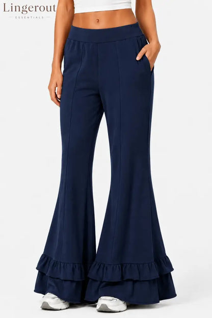 High Waist Front Seam Double Ruffle Hem Flare Knit Pants - Navy / S