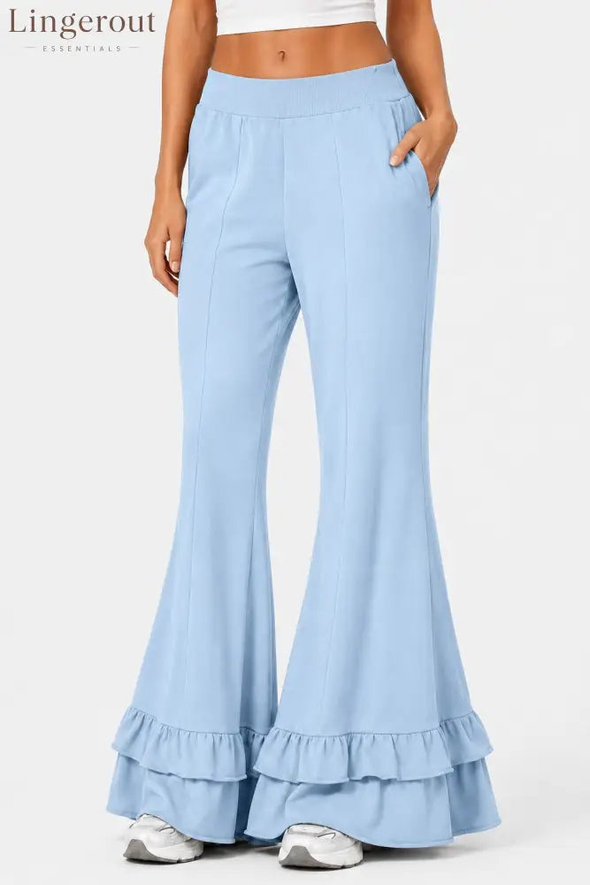 High Waist Front Seam Double Ruffle Hem Flare Knit Pants - Sky blue / S