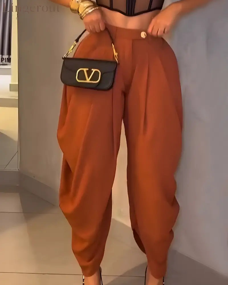 High Waist Loose Ruched Irregular Casual Pants - Peru / S