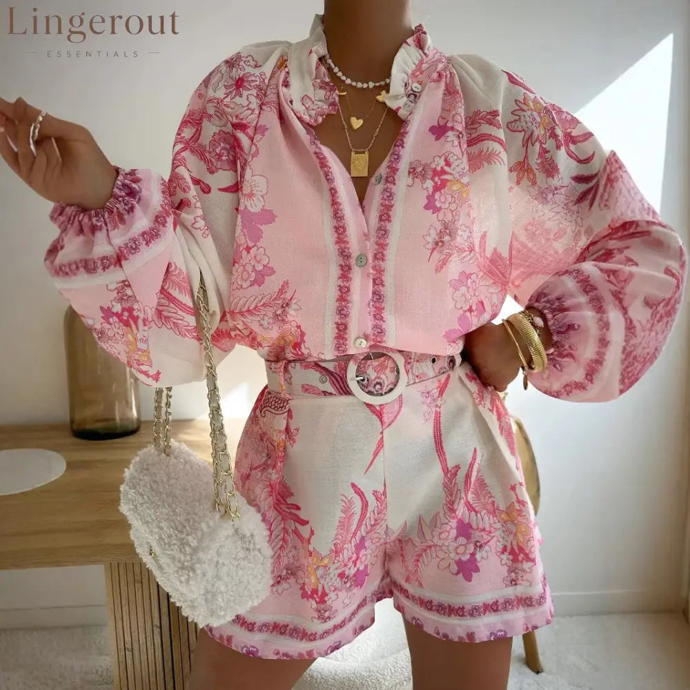 High Waist Shorts Fashion Shirt Linen Casual Temperament Suit New Women Suit - pink / S