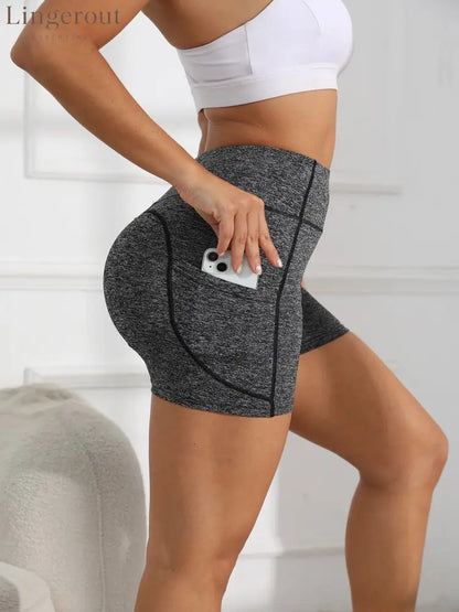 High-waist side-pocket yoga shorts stretchable tummy-reducing sports shorts - Heather gray / S