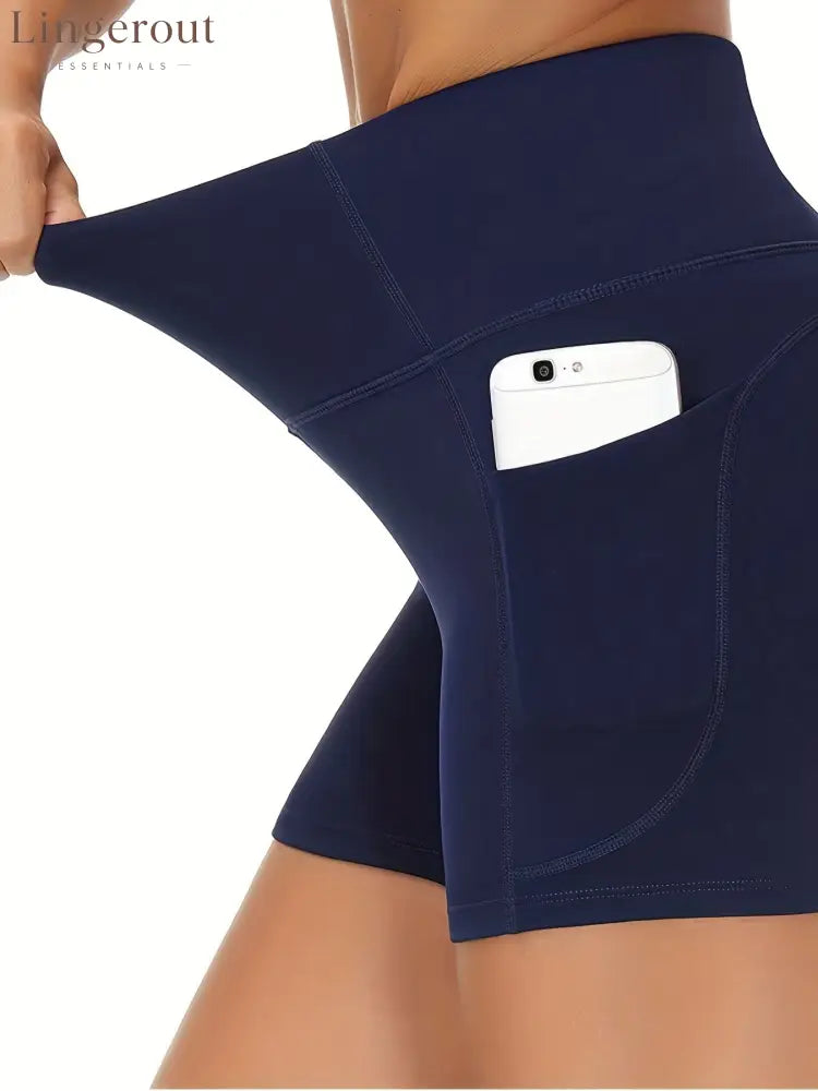 High-waist side-pocket yoga shorts stretchable tummy-reducing sports shorts - Navy blue / S