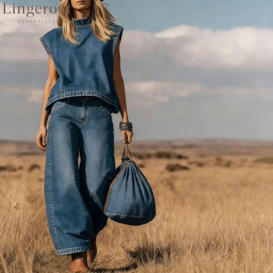 High Waist Wide Leg Jeans Two-Piece Set