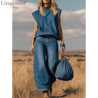 High Waist Wide Leg Jeans Two-Piece Set - Blue / S