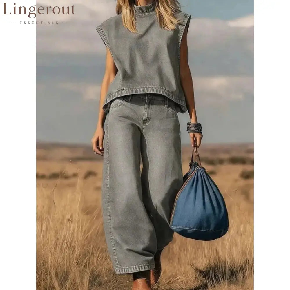 High Waist Wide Leg Jeans Two-Piece Set - Grey / S