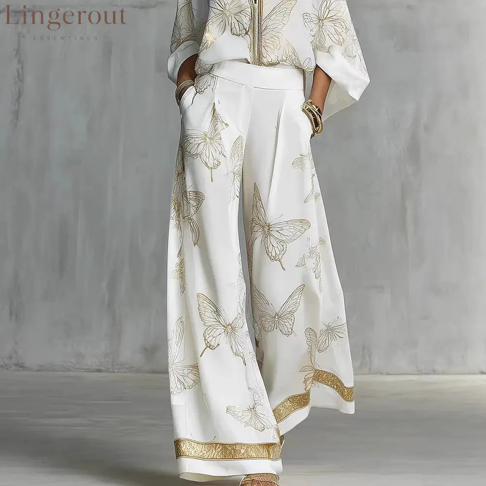 High Waist Wide Leg Pants Two Piece Set Luxury Satin Elegant Vacation Matching Outfit