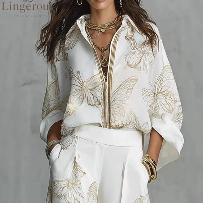 High Waist Wide Leg Pants Two Piece Set Luxury Satin Elegant Vacation Matching Outfit - White / S