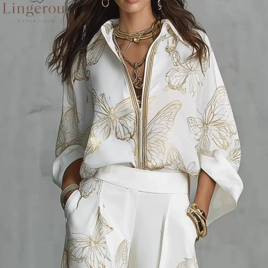 High Waist Wide Leg Pants Two Piece Set Luxury Satin Elegant Vacation Matching Outfit - White / S