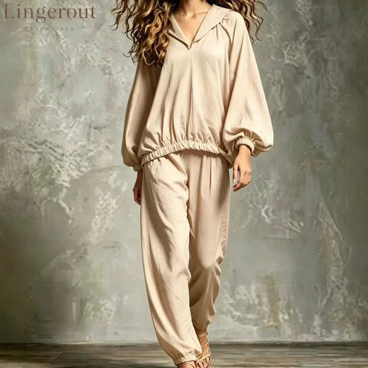 Hood V Neck Linen Blend Matching Two Piece Set