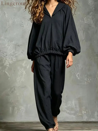 Hood V Neck Linen Blend Matching Two Piece Set - Black / S