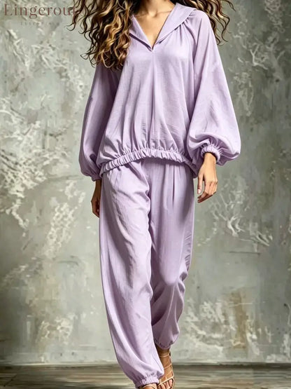 Hood V Neck Linen Blend Matching Two Piece Set - Light purple / S