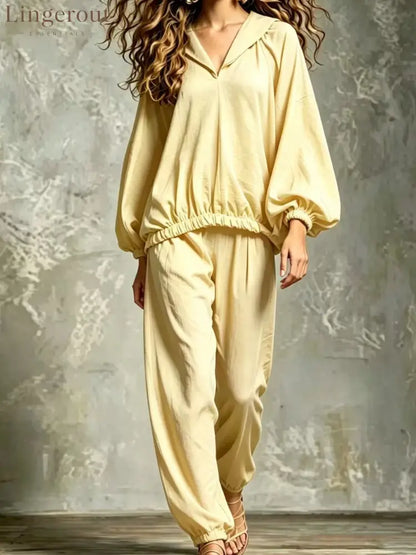 Hood V Neck Linen Blend Matching Two Piece Set - Light yellow / S