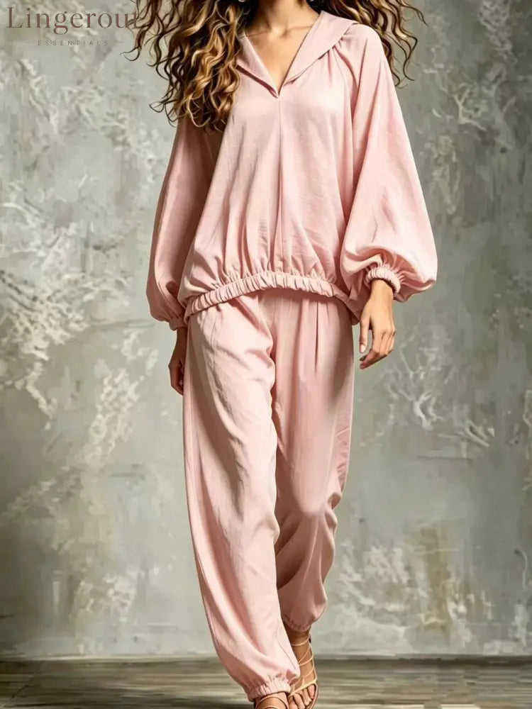 Hood V Neck Linen Blend Matching Two Piece Set - Pink / S