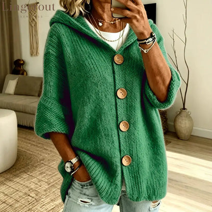 Hooded Button Front Chunky Knit Cardigan - Green / S