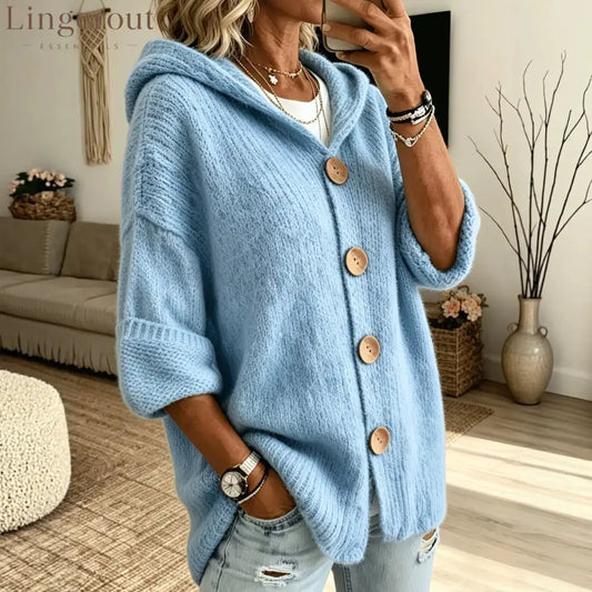 Hooded Button Front Chunky Knit Cardigan - Light blue / S
