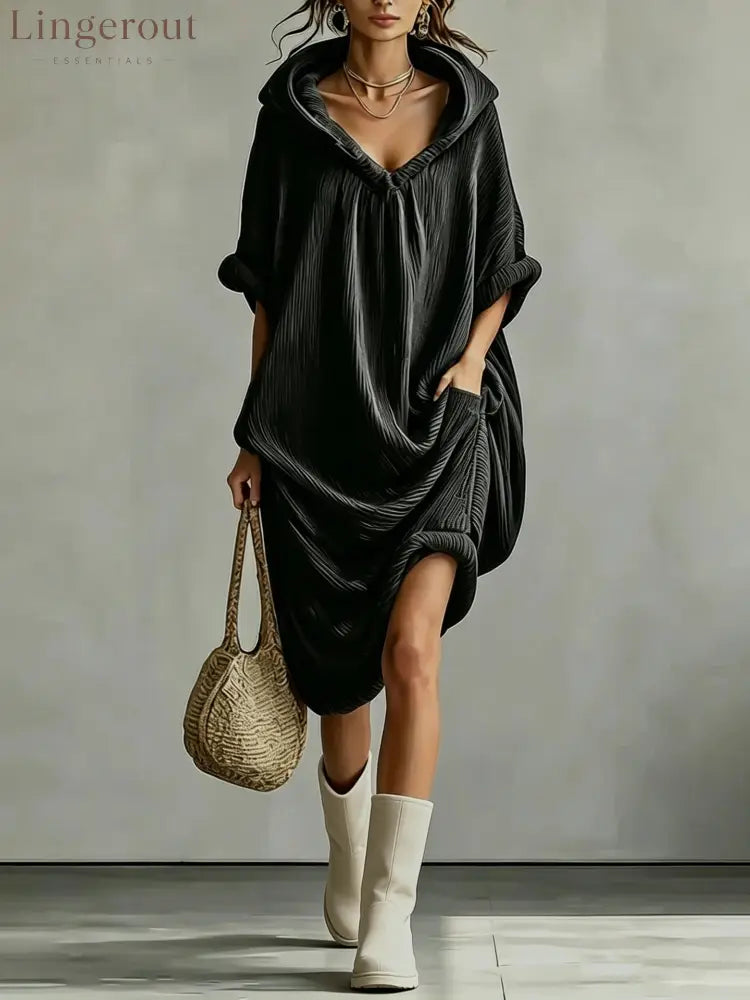 Hooded Crinkle Oversized Midi Dress - Black / S
