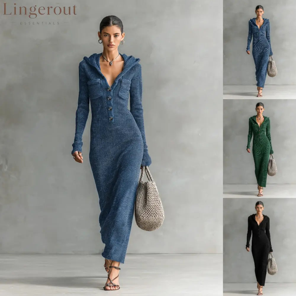 Hooded Ribbed Knit Maxi Dress
