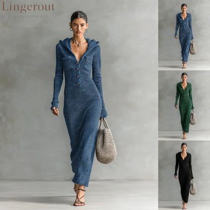 Hooded Ribbed Knit Maxi Dress