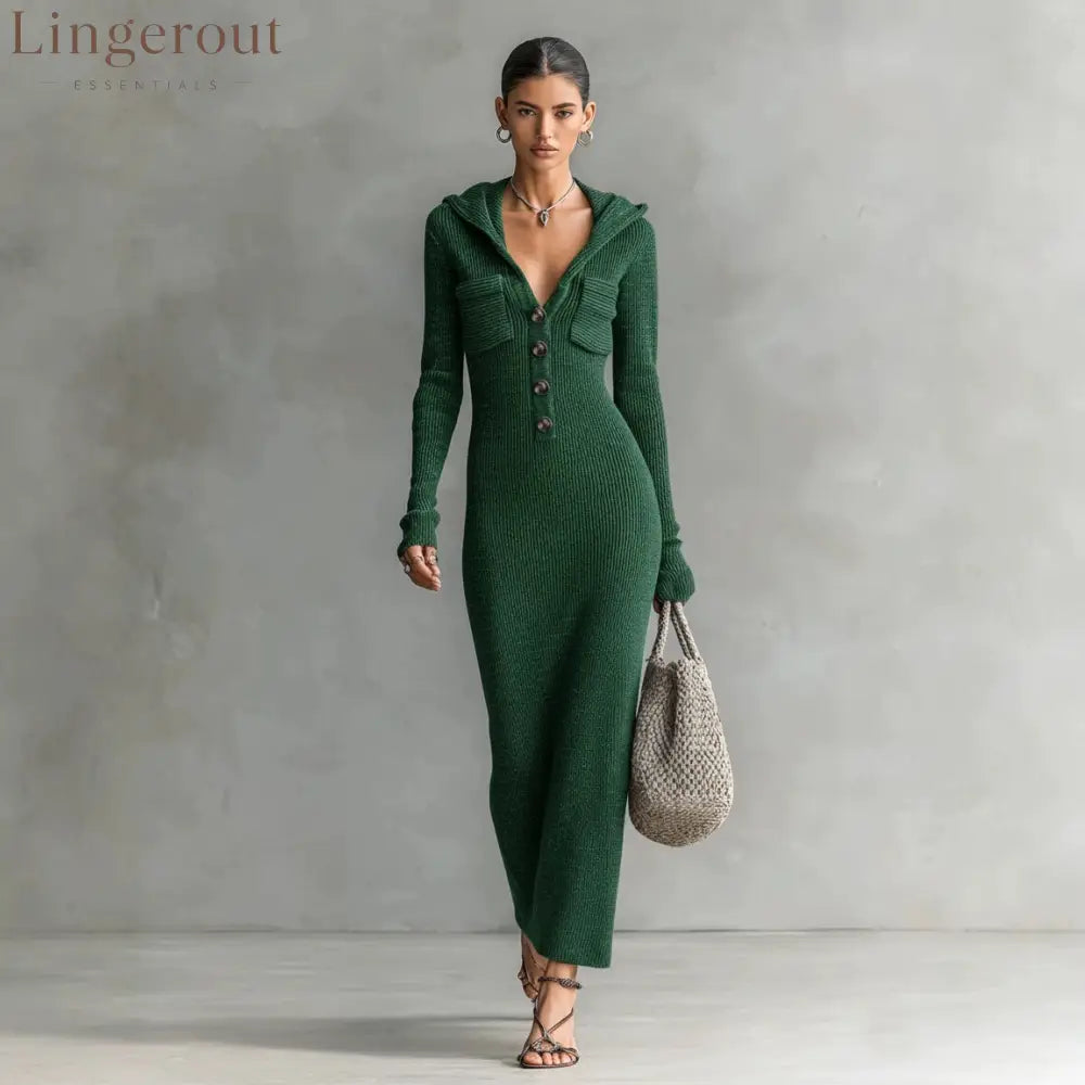 Hooded Ribbed Knit Maxi Dress