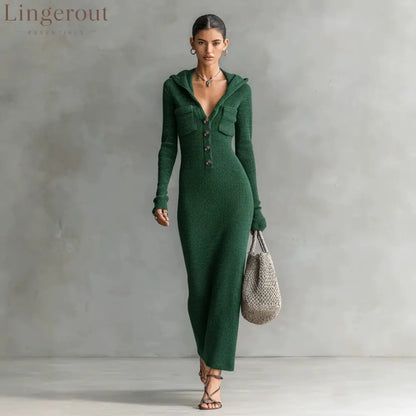 Hooded Ribbed Knit Maxi Dress