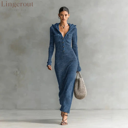 Hooded Ribbed Knit Maxi Dress