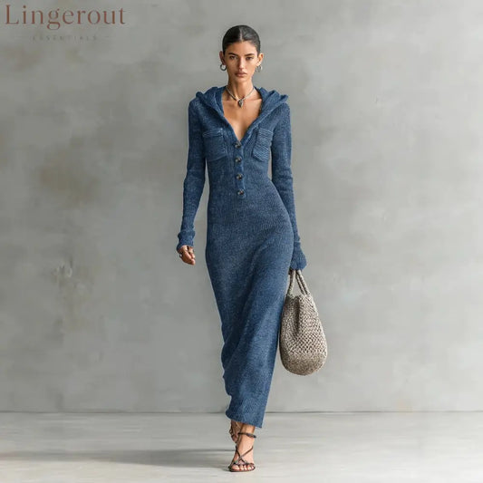 Hooded Ribbed Knit Maxi Dress