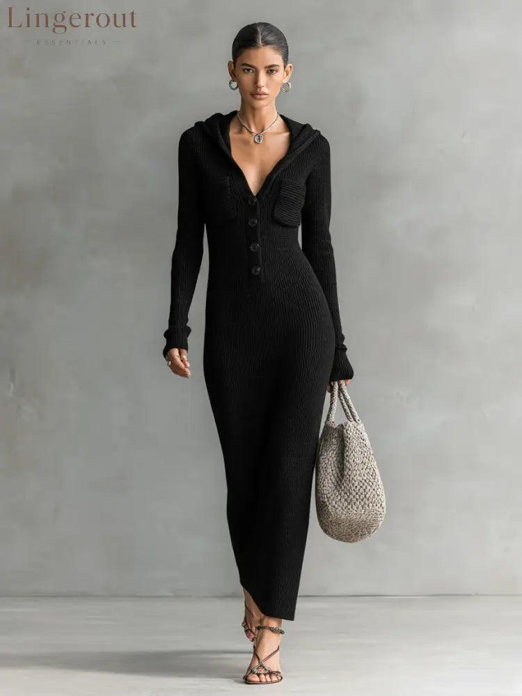Hooded Ribbed Knit Maxi Dress - Black / S