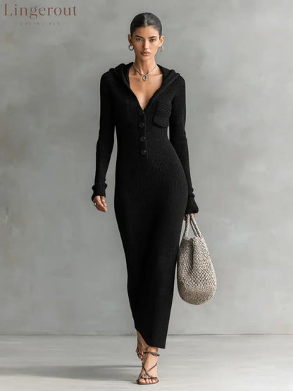Hooded Ribbed Knit Maxi Dress - Black / S