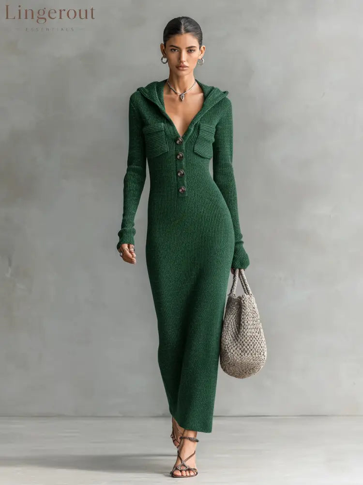 Hooded Ribbed Knit Maxi Dress - Dark green / S