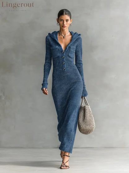 Hooded Ribbed Knit Maxi Dress - Navy / S