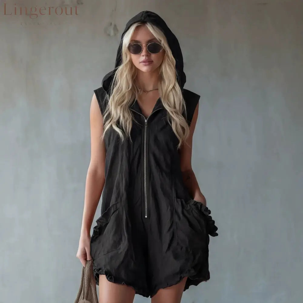 Hooded Zip Front Linen Romper