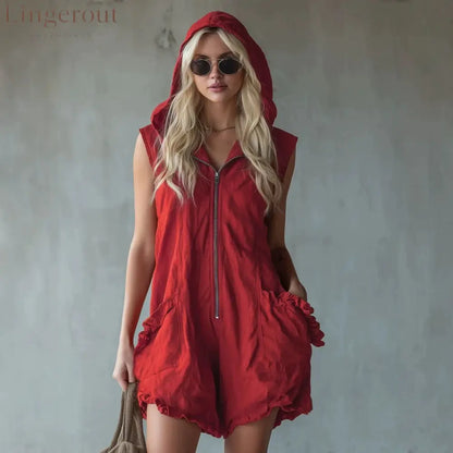 Hooded Zip Front Linen Romper