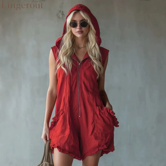 Hooded Zip Front Linen Romper