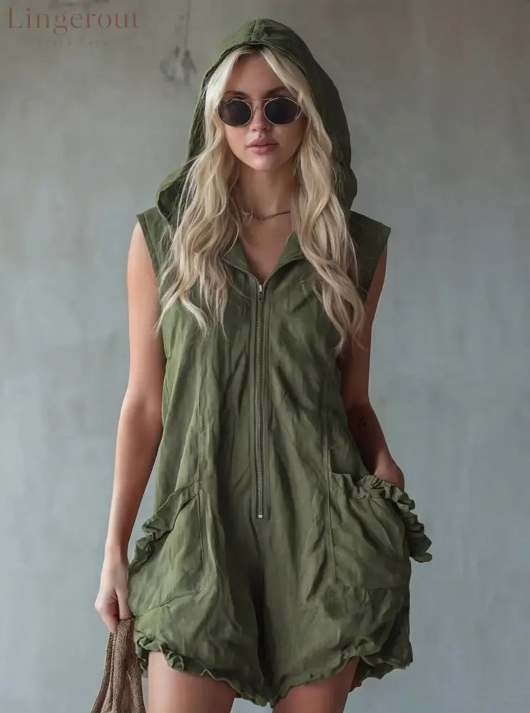 Hooded Zip Front Linen Romper - Army green / S