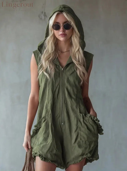 Hooded Zip Front Linen Romper - Army green / S