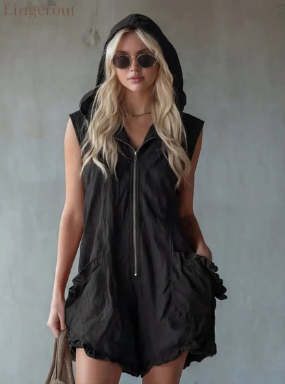 Hooded Zip Front Linen Romper - Black / S