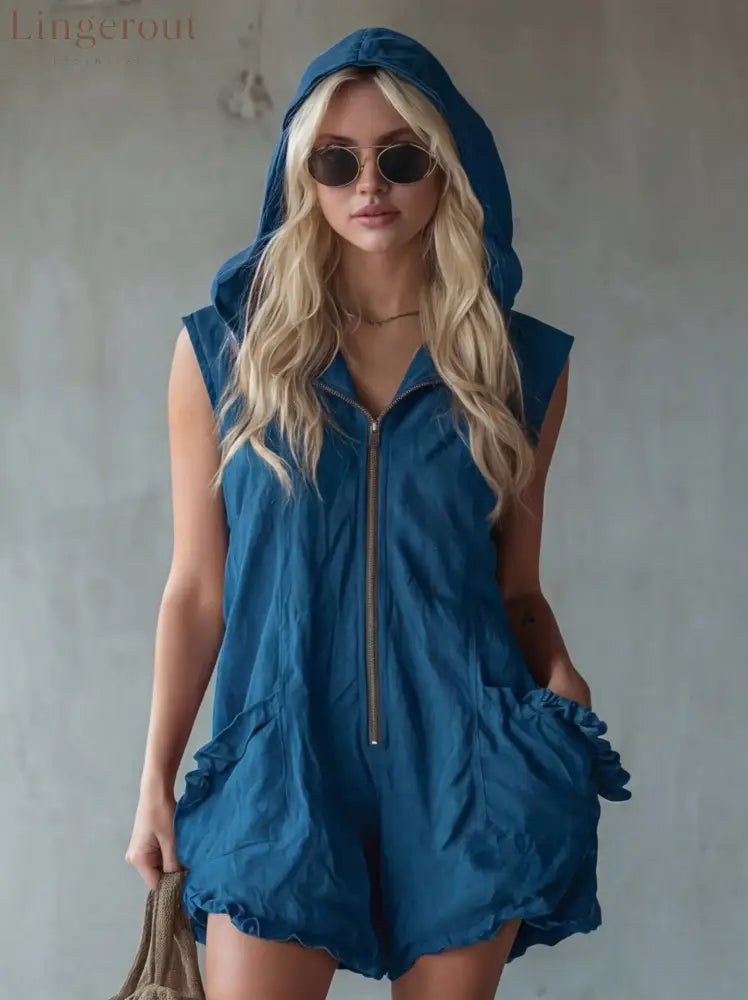 Hooded Zip Front Linen Romper - Blue / S