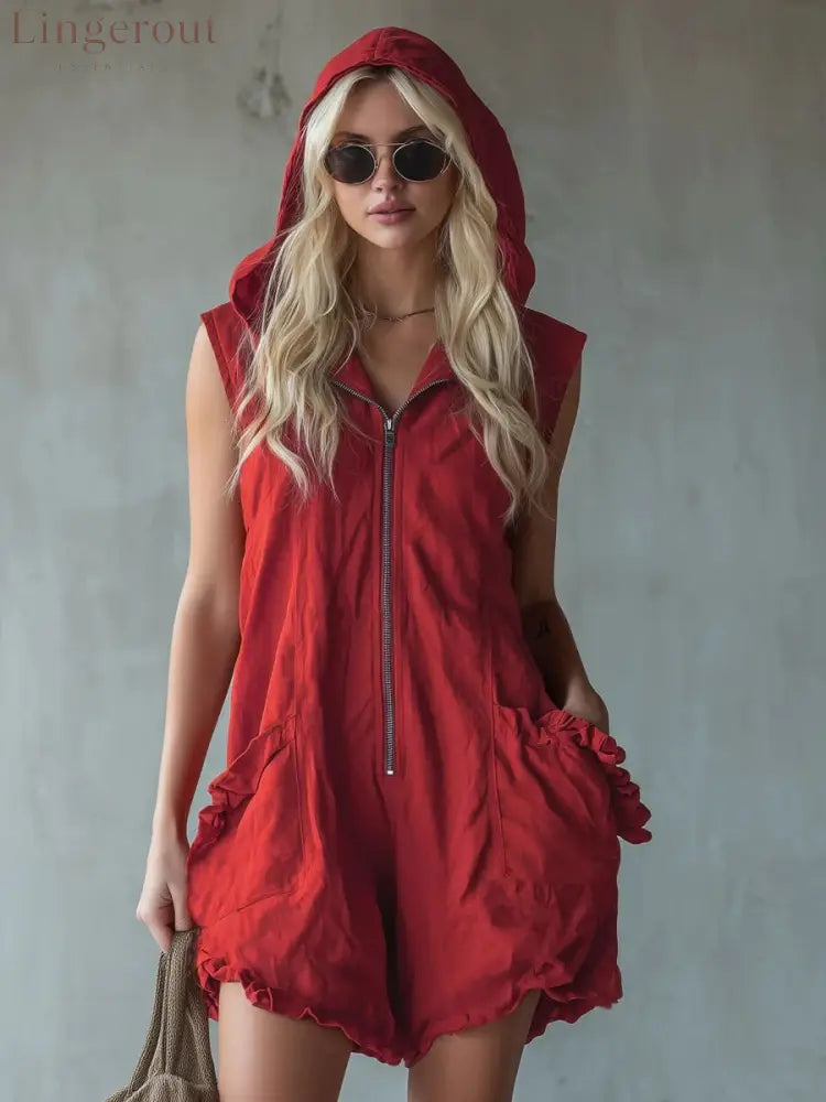 Hooded Zip Front Linen Romper - Red / S