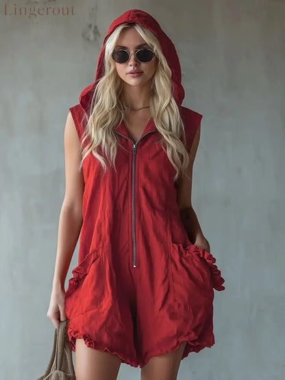 Hooded Zip Front Linen Romper - Red / S