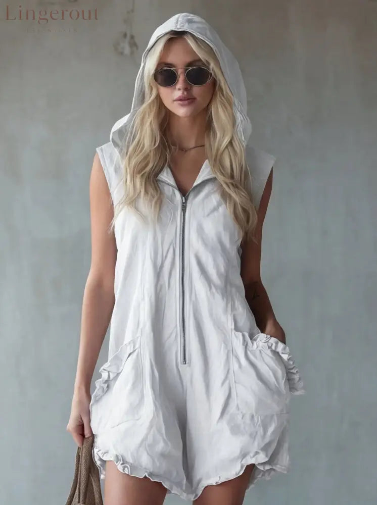 Hooded Zip Front Linen Romper - White / S